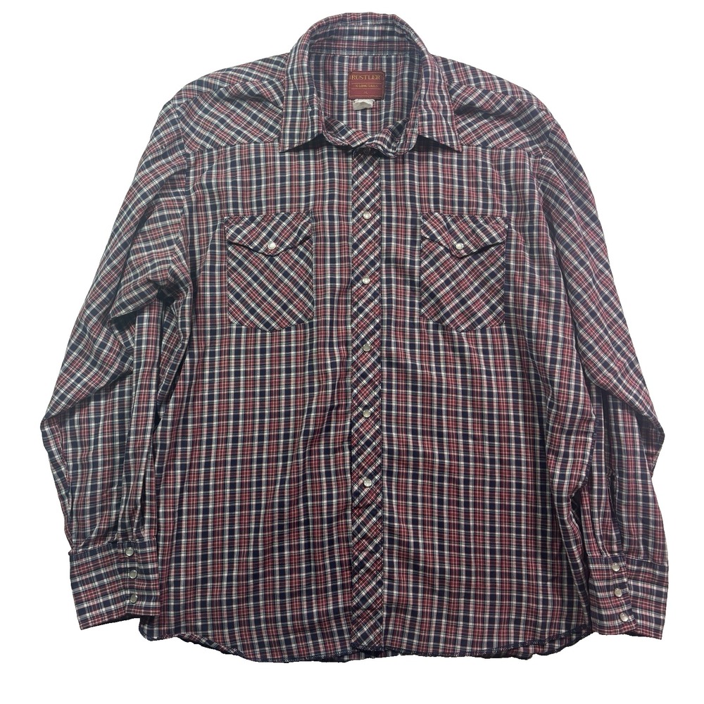 vintage mens red black white plaid Rustler Western Pearl Snap shirt cowboy XL